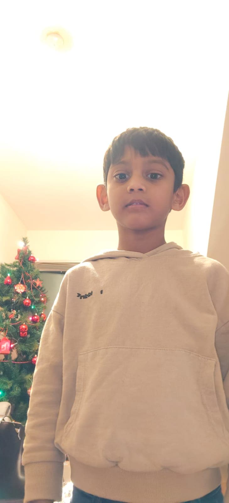 Young boy in a beige hoodie stands in front of a decorated Christmas tree.