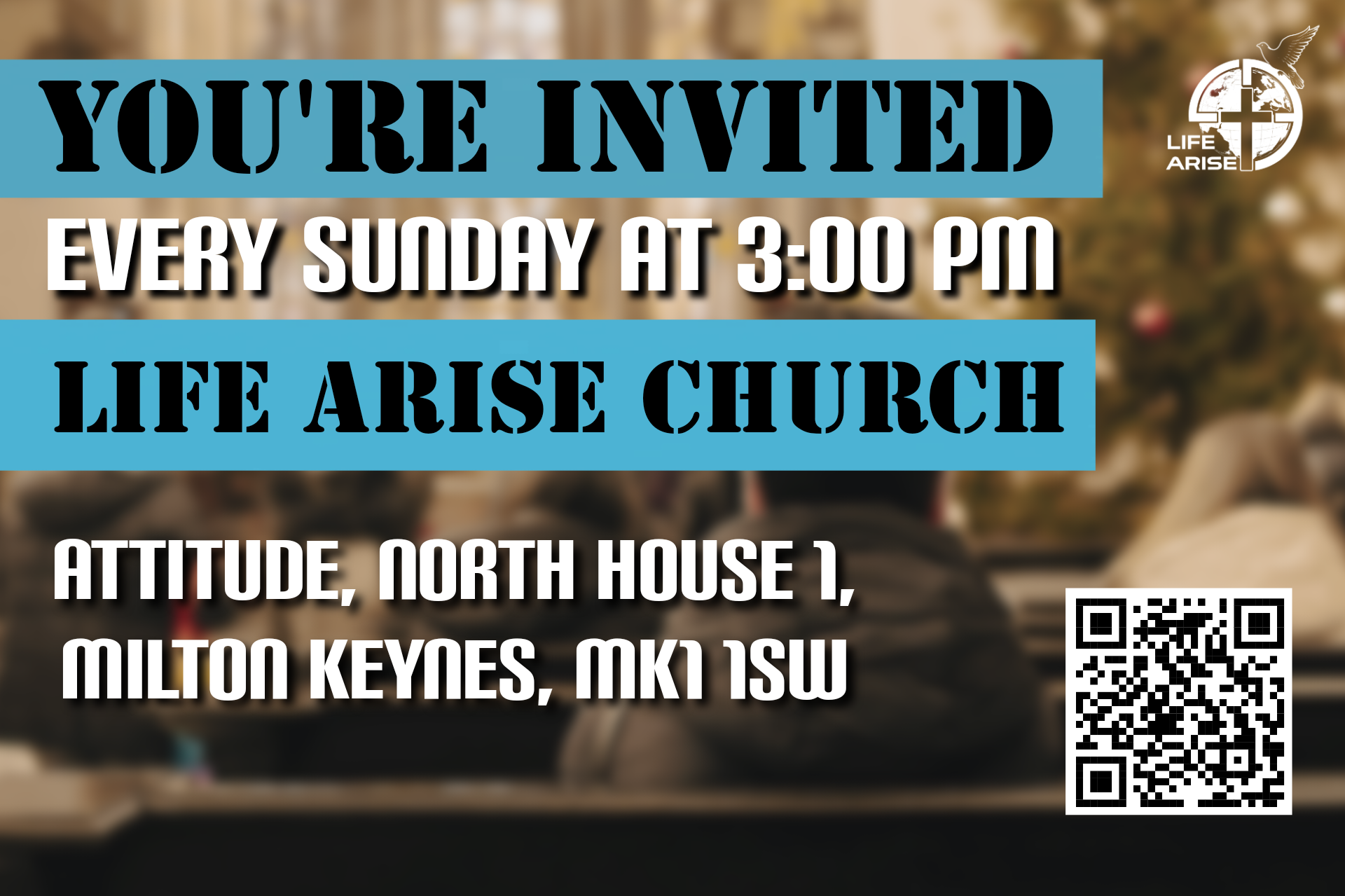 Life Arise Church Sunday invitation with QR code